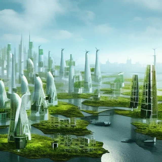 A large self sustaining city that runs off renewable energy. A large self sustaining city that runs off renewable energy. cinematic, video still, watercolor