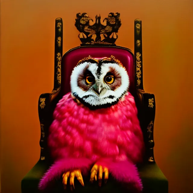 a oil on canvas realistic photo fo a pink owl sitting on a throne wearing a mink coat 