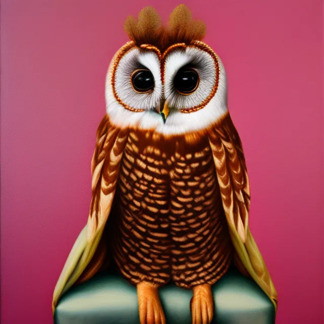 a oil on canvas realistic photo fo a pink owl sitting on a throne wearing a mink coat 