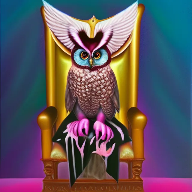 a oil on canvas realistic photo fo a pink owl sitting on a throne wearing a mink coat 