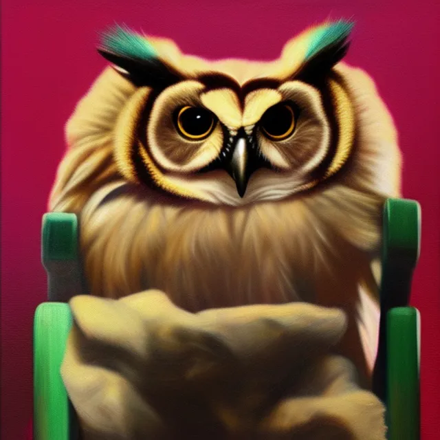 a oil on canvas realistic photo fo a pink owl sitting on a throne wearing a mink coat 