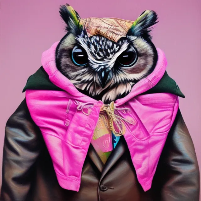 a oil on canvas realistic photo of a pink owl sitting on a bag of money wearing a mink coat 