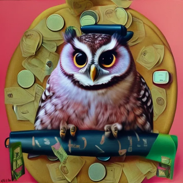 a oil on canvas realistic photo of a pink owl sitting on a bag of money wearing a mink coat 