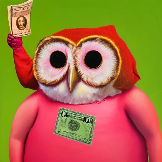 a oil on canvas realistic photo of a pink owl sitting on a bag of cash 