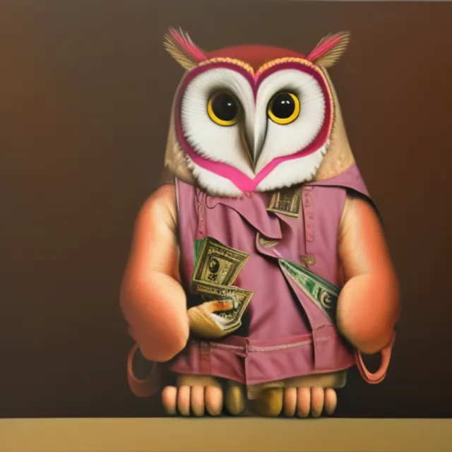 a oil on canvas realistic photo of a pink owl sitting holding a large distinct  bag of cash 