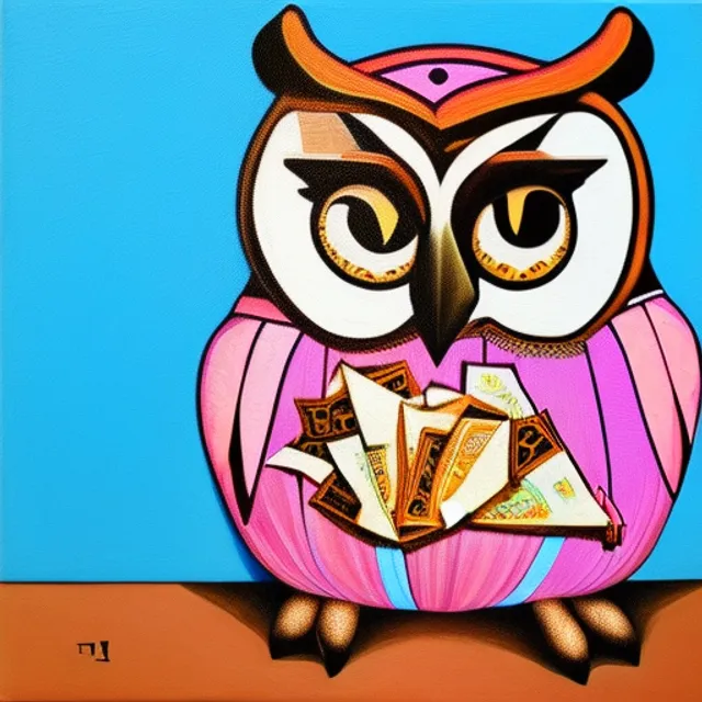 a oil on canvas realistic photo of a pink owl sitting holding a large distinct  bag of cash 