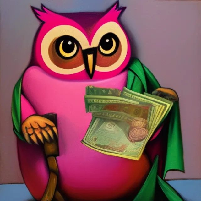  a pink owl sitting holding a large distinct  bag of cash 