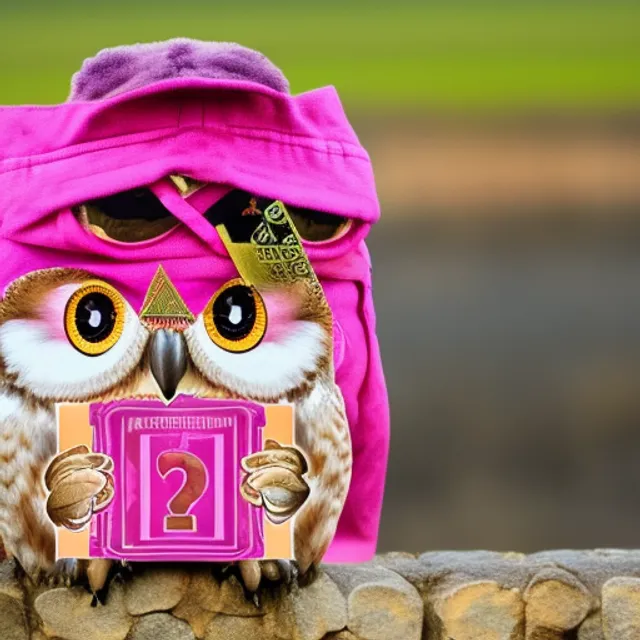  a pink owl sitting holding a large distinct  bag of cash 