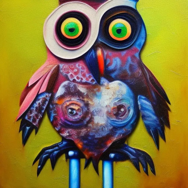 transformative art peice oil on canvas money bag transforming into a oink owl 