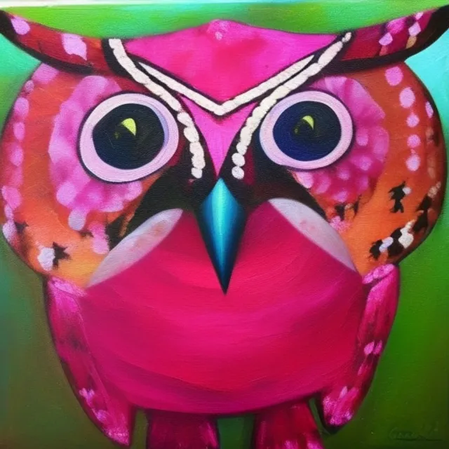 transformative art peice oil on canvas money bag transforming into a pink owl 