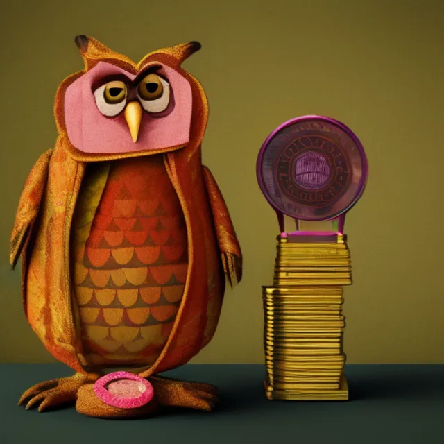 transformative art peice award winning photography of  a bag  holding money  sitting next to a pink owl
