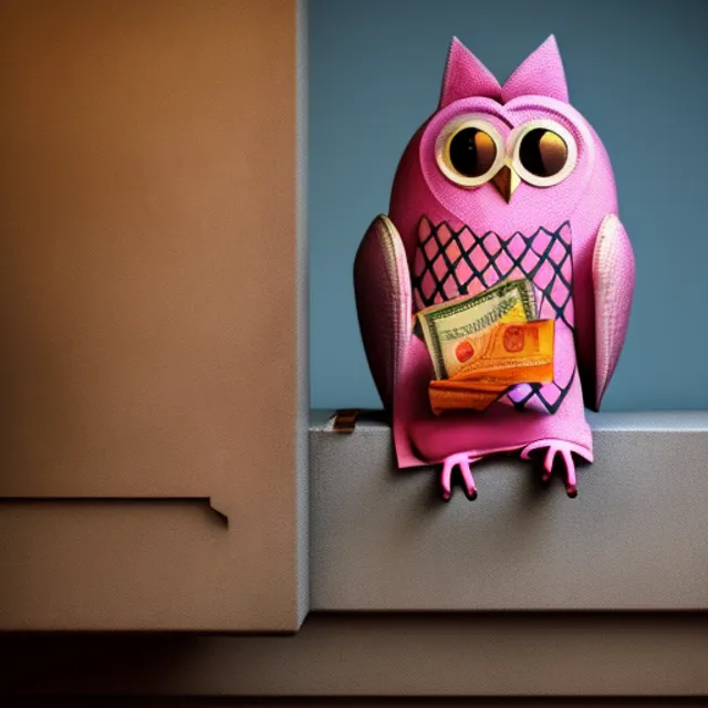 transformative art peice award winning photography of  a bag  holding money  sitting next to a pink owl
