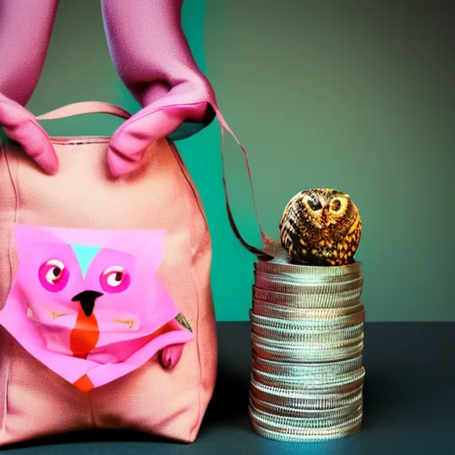 transformative art peice award winning photography of  a bag  holding money  sitting next to a pink owl
