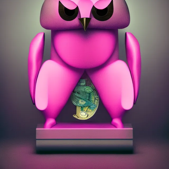 transformative art peice award winning photography of a bag holding money transforming into a pink owl. transformative art peice award winning photography of a bag holding money transforming into a pink owl. diffused natural skin glow”, Negative prompt 2: “cropped pink owl”