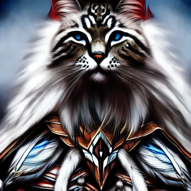 Native American Indian cat knight, portrait, finely detailed armor, intricate design, silver, silk, cinematic lighting, 4k long hair, blue eyes, feathers
