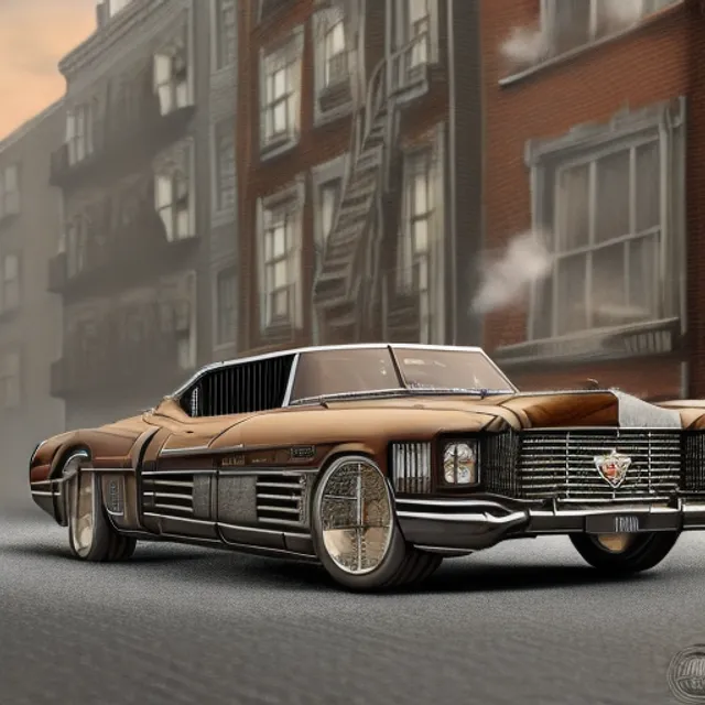 Cadillac El Dorado de style Badass Steampunk dans une vieille rue pavée, trending on artstation, sharp focus, studio photo, intricate details, highly detailed, by greg rutkowski