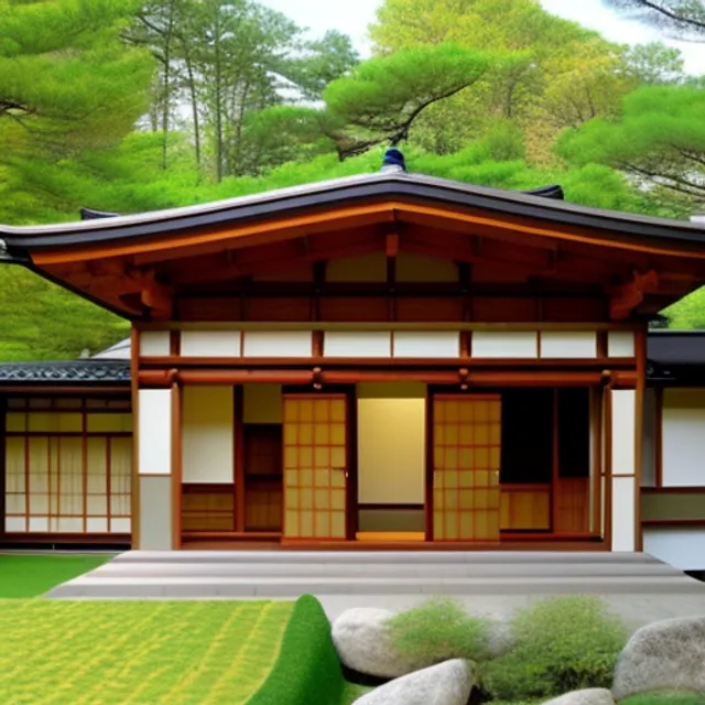 "Design a traditional wooden house nestled in the picturesque hills of rural Japan. The house should be made primarily of wood and feature a traditional Japanese architectural style, such as a thatched roof and sliding shoji doors. The house should be surrounded by a beautiful garden with a rock pathway, a koi pond and a small bridge. Incorporate elements of nature such as cherry blossom trees, bamboo and a small stream flowing nearby. The house should be situated in such a way that it commands a breathtaking view of the surrounding hills and valleys. Imagine it as a peaceful retreat for a family seeking to reconnect with nature and traditional ways of living."