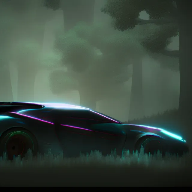 a cyberpunk car driving in a forest, dark, detailed, HD, high quality, zbrush, Houdini, blender, 