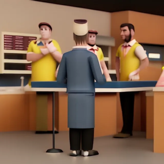 Man working in Mcdonalds very sad standing behind a cashier, 2 other Mcdonald workers standing behind the Cashier on their phone, 3d render, cinematic, hyperrealistic