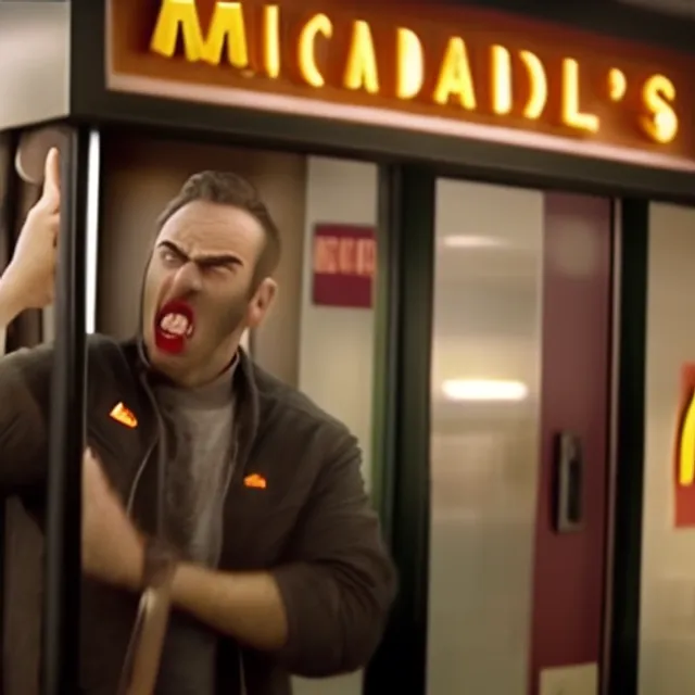 man yelling at co-workers at mcdonalds, cinematic, realistic