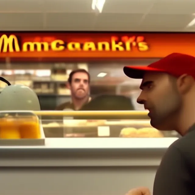 man yelling at cashier at mcdonalds, cinematic, realistic