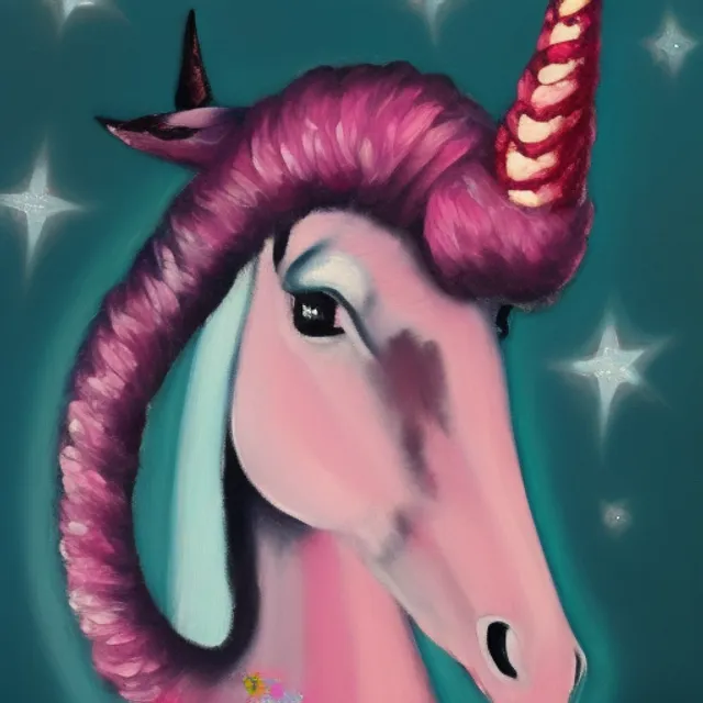  a full body
 pink unicorn her horn is made of diamonds ,
background is the moon, cropped, 
oil on canvas