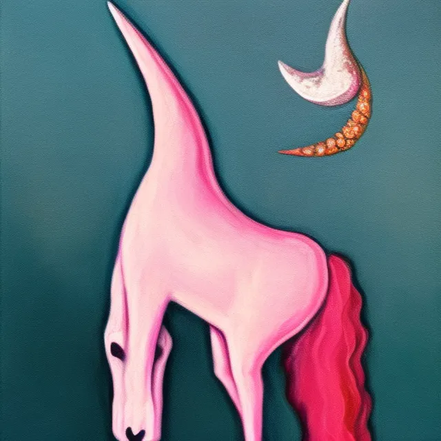  a full body
 pink unicorn her horn is made of diamonds ,
background is the moon, cropped, 
oil on canvas