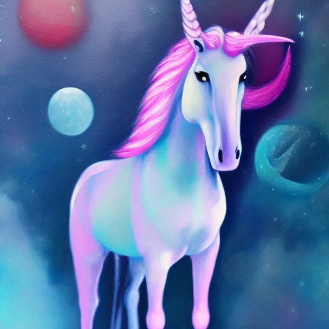  a full body
 pink unicorn her horn is made of diamonds ,
background is the moon, cropped, 
oil on canvas