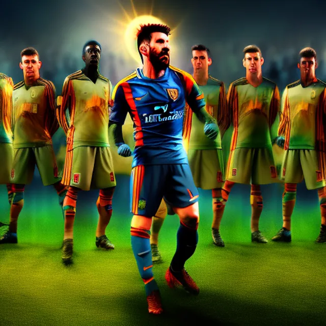 King Messi glowing halo around his head, speaking words to his fellow soldiers, high quality image with realism.