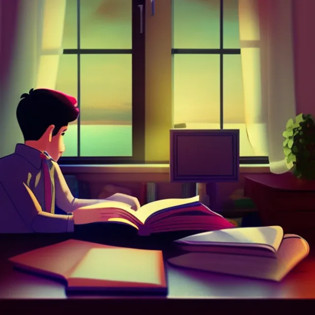 "A Boy's Lofi Study Session: Watch as a young man sits at his desk, surrounded by books and a warm pink sky shining through his window. Experience the calm and nostalgic vibes of lofi music, perfect for a study session or just relaxing after a long day."