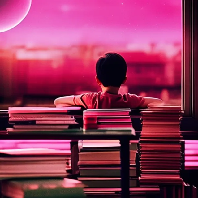 "A Boy's Lofi Study Session: Watch as a young man sits at his desk, surrounded by books and a warm pink sky shining through his window. Experience the calm and nostalgic vibes of lofi music, perfect for a study session or just relaxing after a long day."