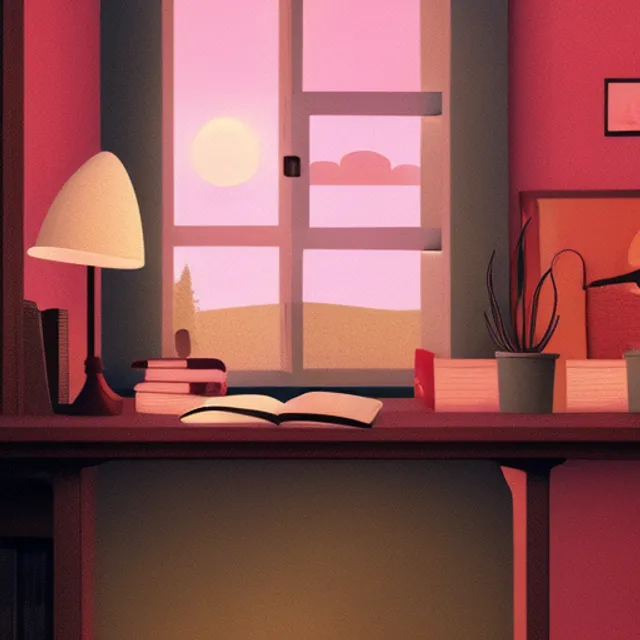 "A Boy's Lofi Study Session: Watch as a young man sits at his desk, surrounded by books and a warm pink sky shining through his window. Experience the calm and nostalgic vibes of lofi music, perfect for a study session or just relaxing after a long day."