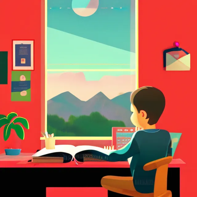 "A Boy's Lofi Study Session: Watch as a young man sits at his desk, surrounded by books and a warm pink sky shining through his window. Experience the calm and nostalgic vibes of lofi music, perfect for a study session or just relaxing after a long day."
