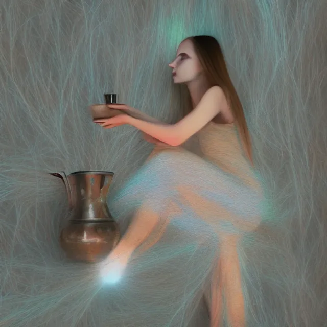 An insanely detailed nice young woman is pouring tea at home, tea cup, wooden table, she has light fibers around her body, that are connected to the enviroment, moving light fibers, vibrant colours 