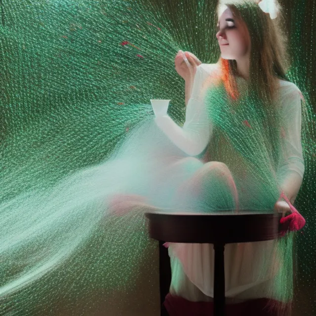 An insanely detailed nice young woman is pouring tea at home, tea cup, wooden table, she has light fibers around her body, that are connected to the enviroment, moving light fibers, vibrant colours 