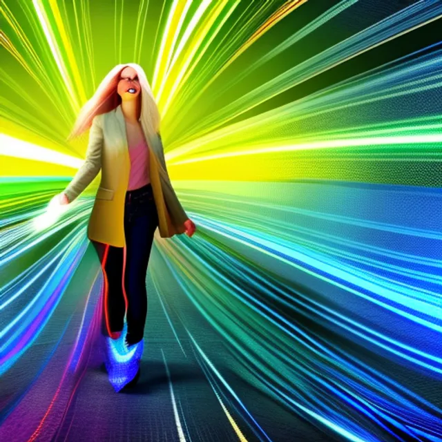 A photograph of a detailed blond girl walking happily towards scene front in energetic fractal marbled enviroment with light fibers, the reality is made of light fibers, colours. A photograph of a detailed blond girl walking happily towards scene front in energetic fractal marbled enviroment with light fibers, the reality is made of light fibers, colours. full shot, unreal engine 5