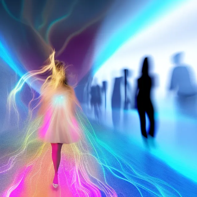 A photograph of a detailed blond girl walking happily towards scene front in energetic fractal marbled enviroment with light fibers, the reality is made of light fibers, colours. A photograph of a detailed blond girl walking happily towards scene front in energetic fractal marbled enviroment with light fibers, the reality is made of light fibers, colours. full shot