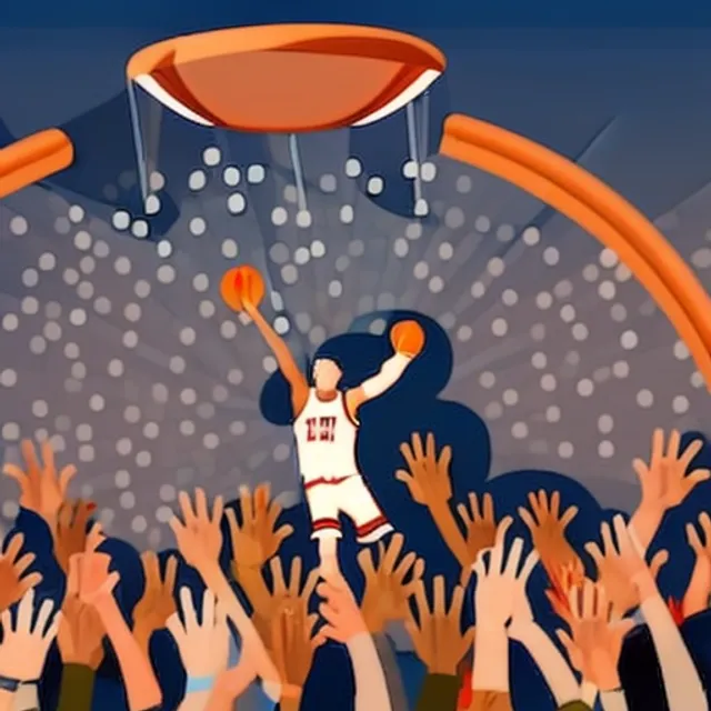 Famous basketball player throwing the ball in the hoop in front of a cheering crowd, realistic image