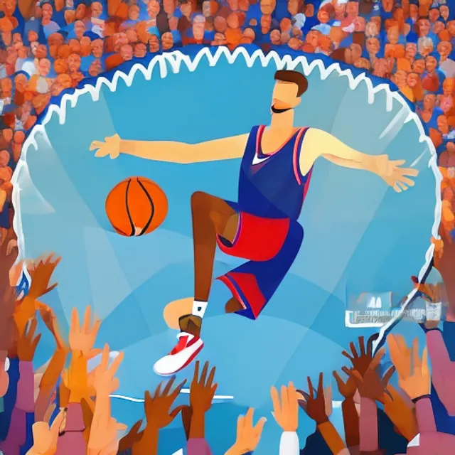 Famous basketball player throwing the ball in the hoop in front of a cheering crowd, realistic image