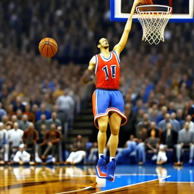 Famous basketball player throwing the ball in the hoop in front of a cheering crowd, realistic image