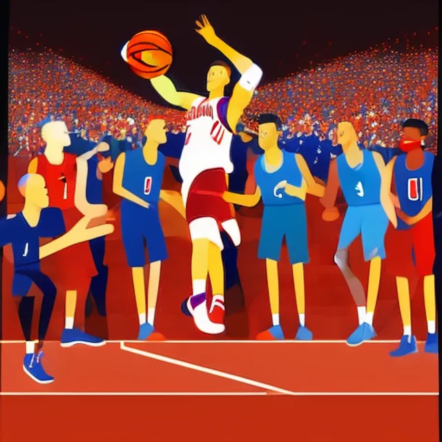 Famous basketball player throwing the ball in the hoop in front of a cheering crowd, realistic image