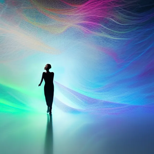 A photograph of a detailed blond girl walking happily towards scene front in energetic fractal marbled enviroment with light fibers, the reality is made of light fibers, colours. A photograph of a detailed blond girl walking happily towards scene front in energetic fractal marbled enviroment with light fibers, the reality is made of light fibers, colours. full shot, hasselblad