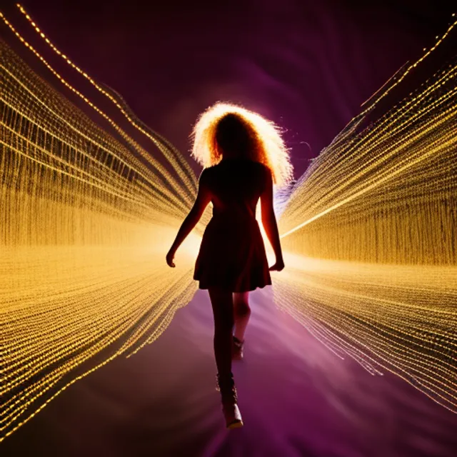 A photograph of a detailed blond girl walking happily towards scene front in energetic fractal marbled enviroment with light fibers, the reality is made of light fibers, colours. A photograph of a detailed blond girl walking happily towards scene front in energetic fractal marbled enviroment with light fibers, the reality is made of light fibers, colours. full shot, hasselblad