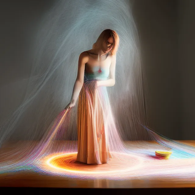 An insanely detailed nice young woman is pouring tea at home, tea cup, wooden table, she has light fibers around her body, that are connected to the enviroment, moving light fibers, vibrant colours