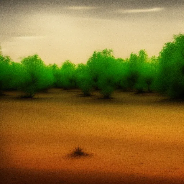 A landscape of a desert surrounded by trees