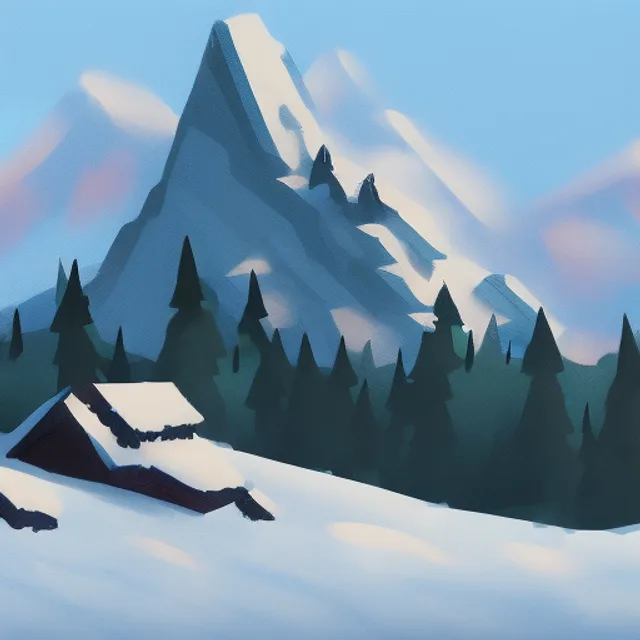 A small cabin on top of a snowy mountain in the style of Disney, artstation