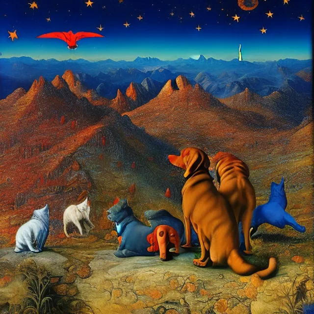 cats and dogs playing. mountain range under a vast blue sky of burning stars and birds. painted by jan van eyck, max ernst, ernst haeckel, ernst fuchs and artgerm. trending on artstation