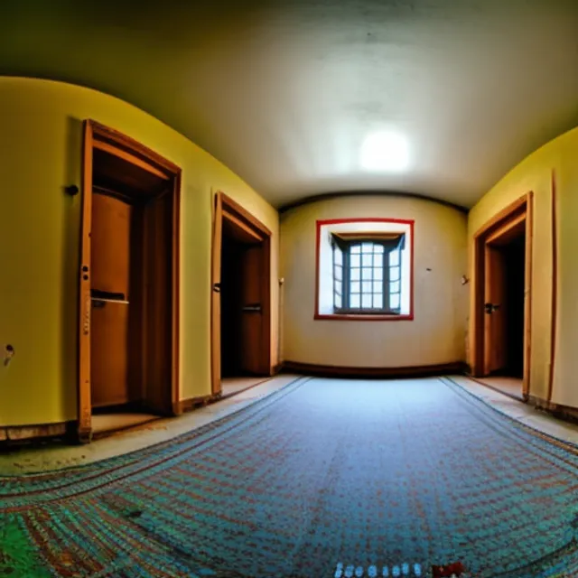 wide angle shot of a Room with  3 different doors