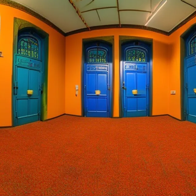 wide angle shot of a Room with  3 different doors all next to each other , each have a question mark sprayed on them