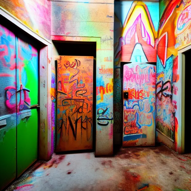 wide angle shot of a Room with  3 different doors all next to each other , each have a large graffiti on them 